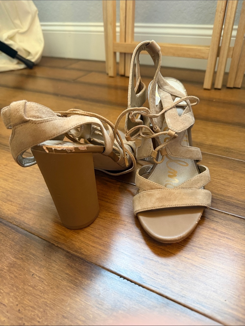 Sam Edelman Beige Suede Lace-Up Block Heel Sandals